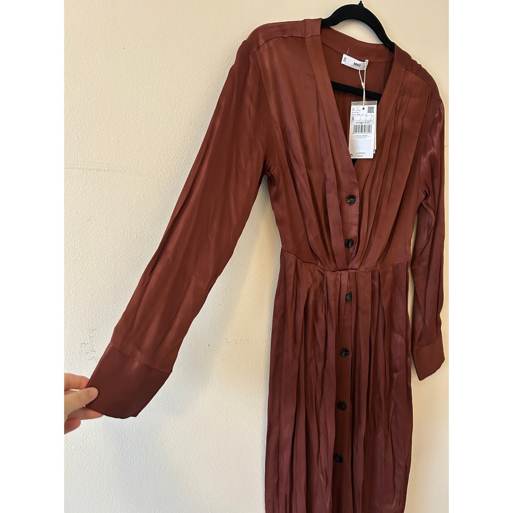 MNG Brown Satin Long Sleeve Button Front Midi Shirt Dress Size S - Picture 8 of 11